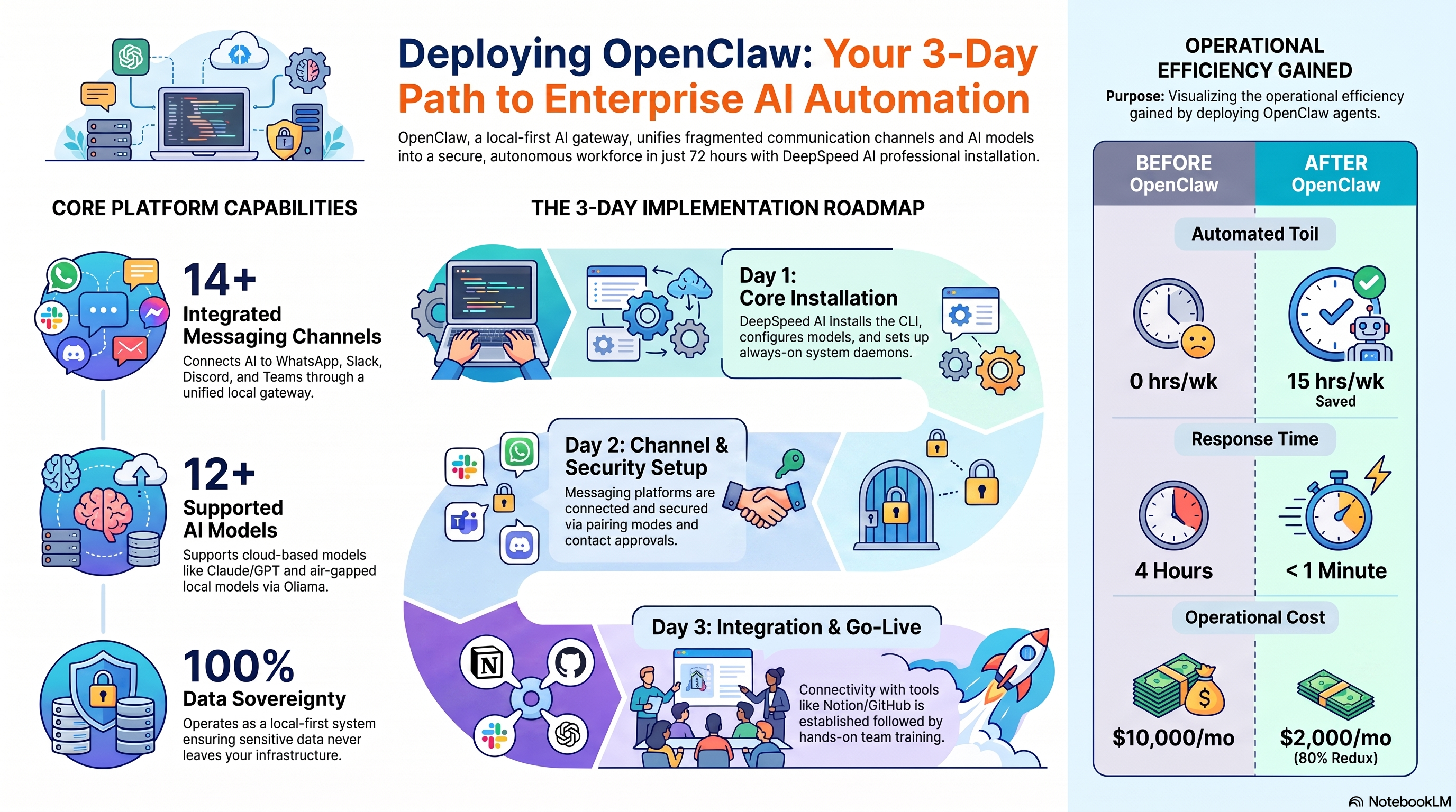 OpenClaw three-day enterprise AI automation roadmap covering core installation, secure channel setup, integrations, and operational efficiency gains